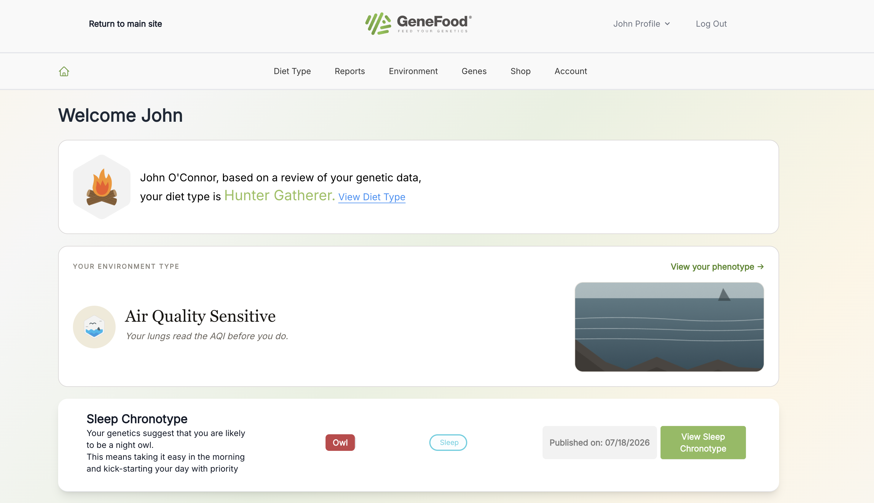 The Gene Food patient dashboard, showing a diet type of Hunter Gatherer, an Air Quality Sensitive environment type, and a sleep chronotype report.