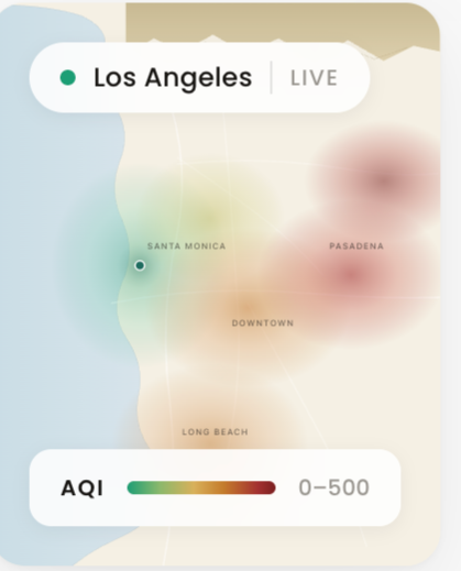 Live air quality map for Los Angeles with an AQI scale