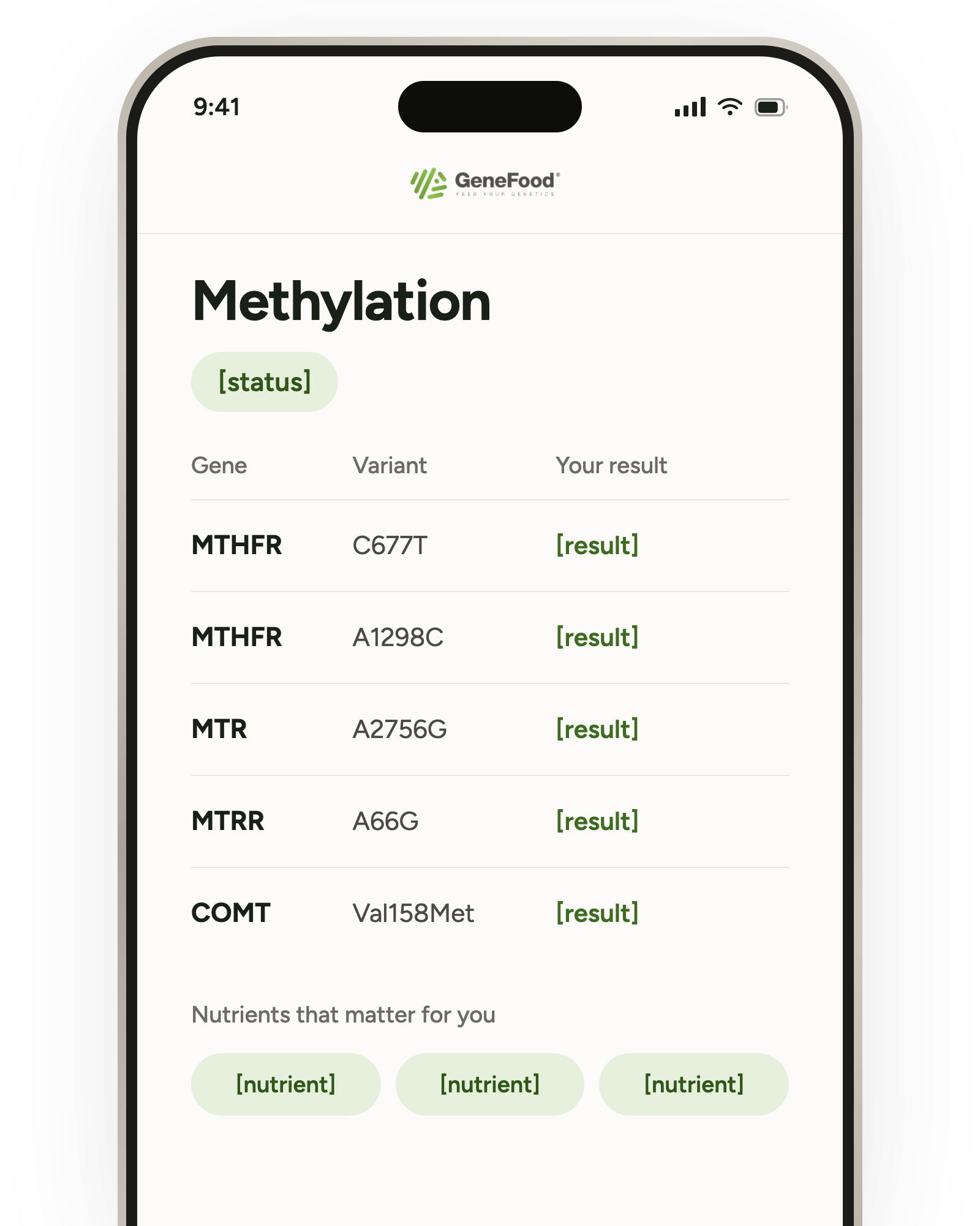 The Gene Food methylation report shown on a phone, listing MTHFR, MTR, MTRR and COMT variants with their results, and the nutrients that matter for you.